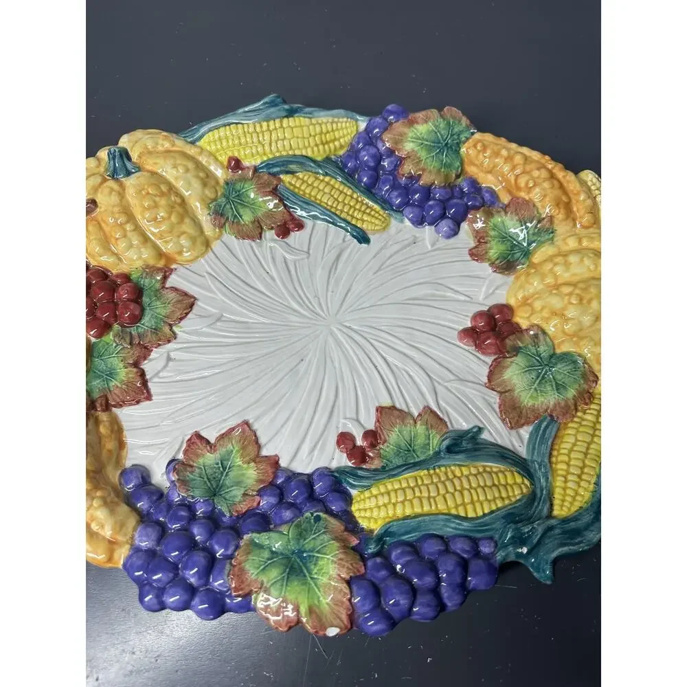Vintage Fitz and Floyd Hand Painted Fruit Corn Grapes Relief Oval Platter 1995